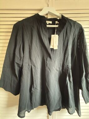 Vince cotton gauze black split neck blouse size M BNWT